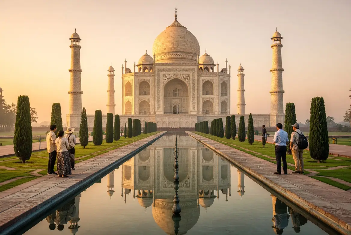 Taj Mahal at sunrise with a few tourists standing beside the reflecting pool in Agra, India