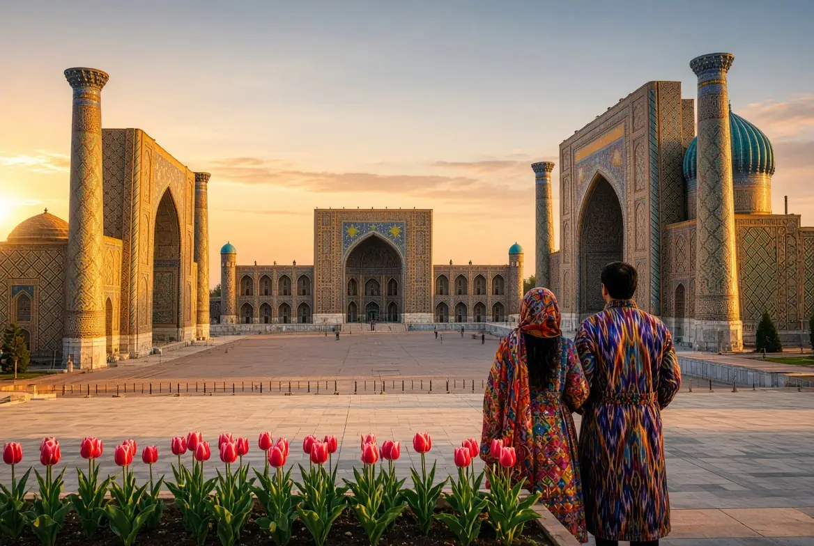 Couple in colorful Nowruz clothes looking at Registan Square in Samarkand at sunset, with spring tulips in the foreground.