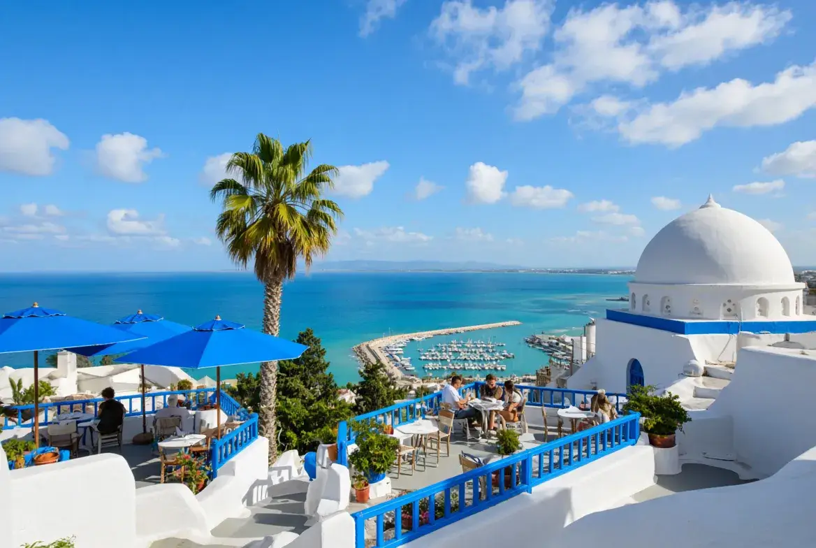 Iconic view of Sidi Bou Said with white domes, blue cafe umbrellas, a palm tree and the Mediterranean marina below